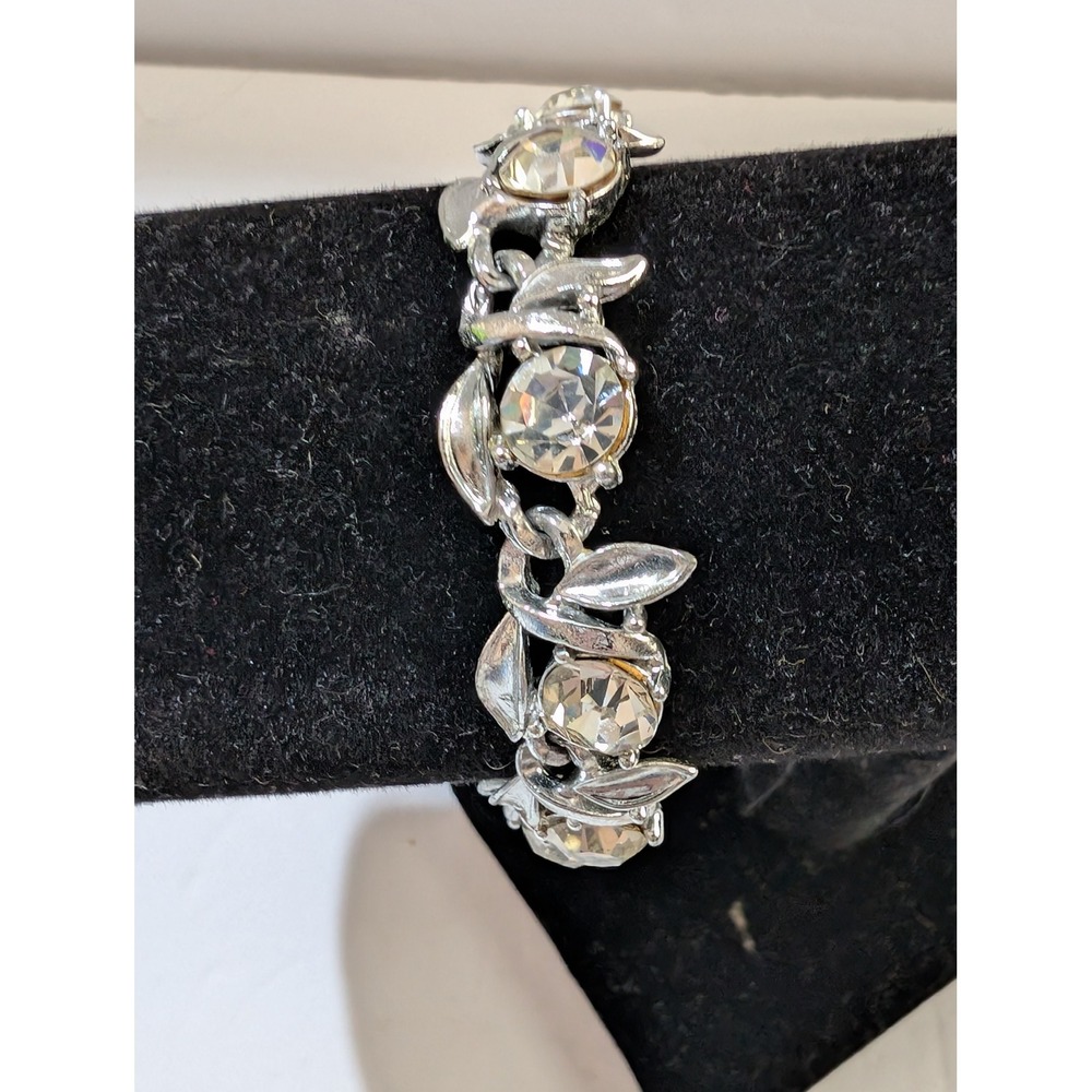 Vintage Silver Tone Clear Crystal Leaf Link Bracelet Mid Century 7.5 Inch